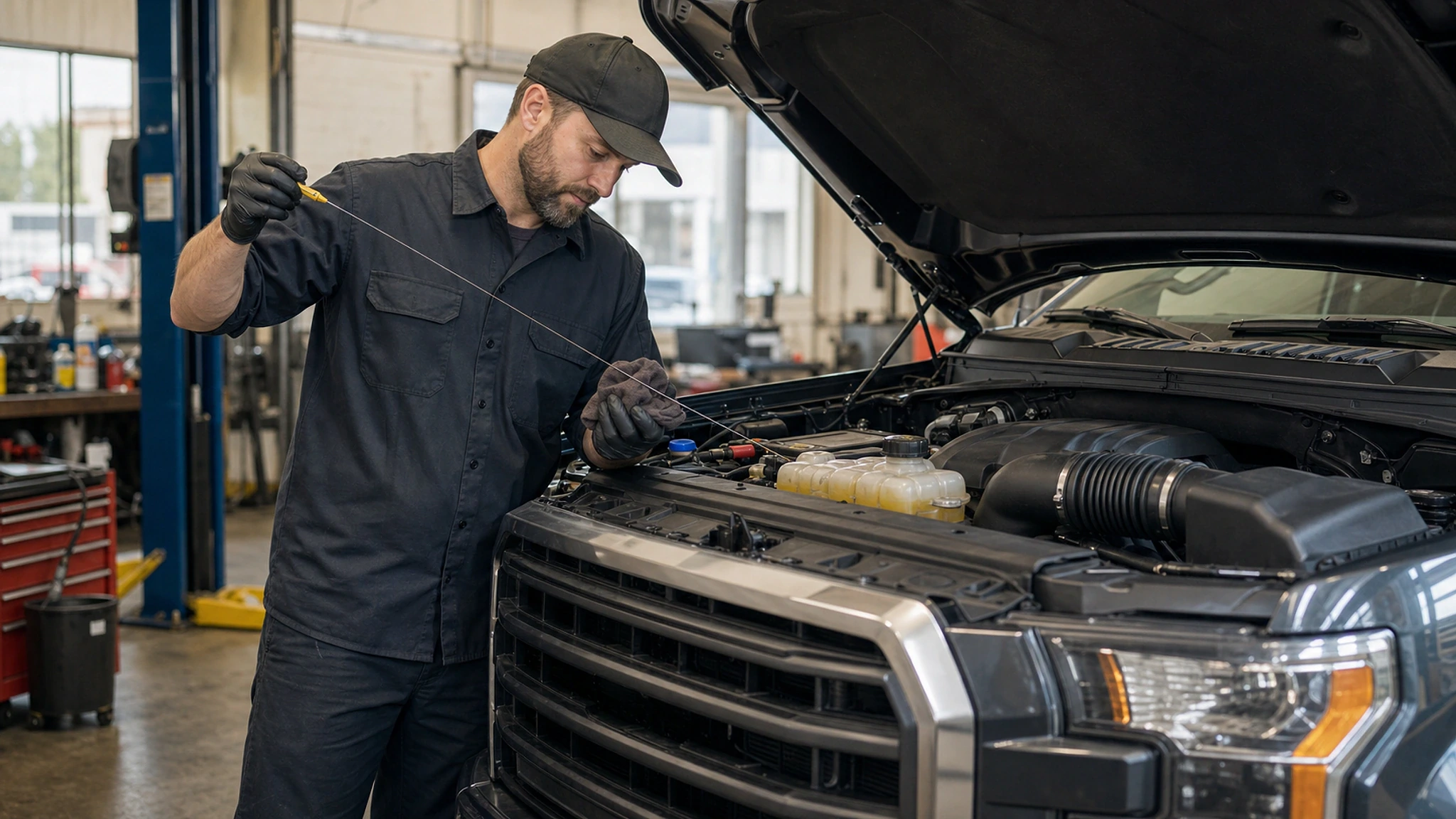 Mechanic checking the engine oil on a full-size pickup