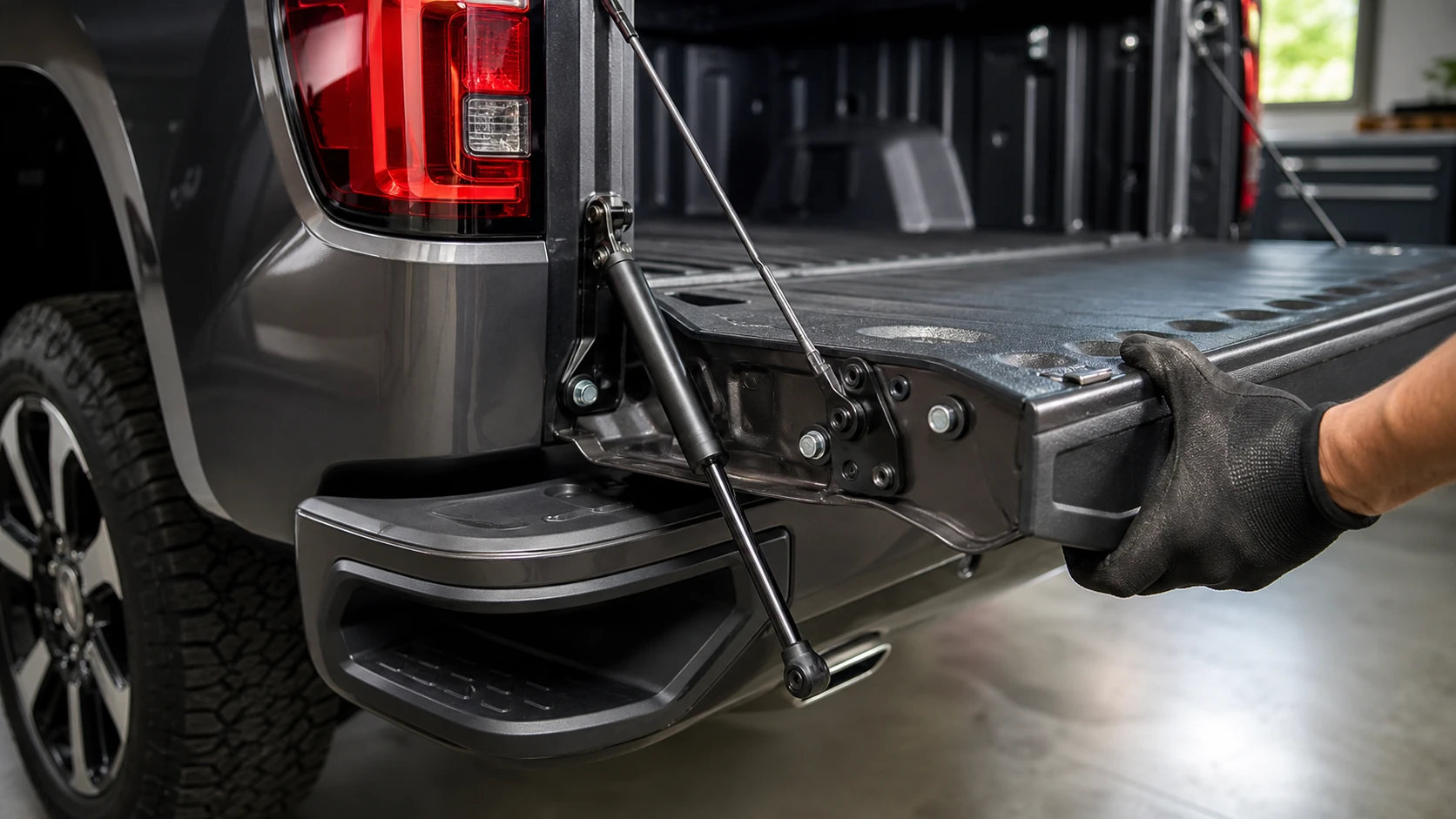 Pickup tailgate assist damper installed beside the hinge