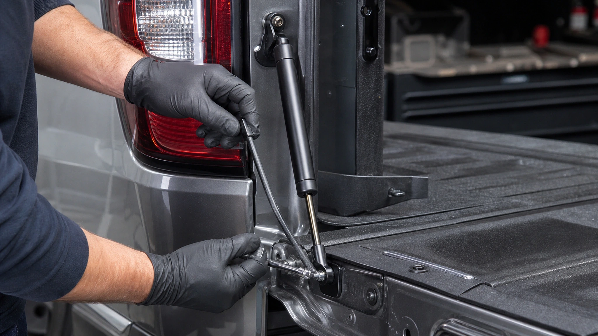 Pickup tailgate damper installation near the hinge