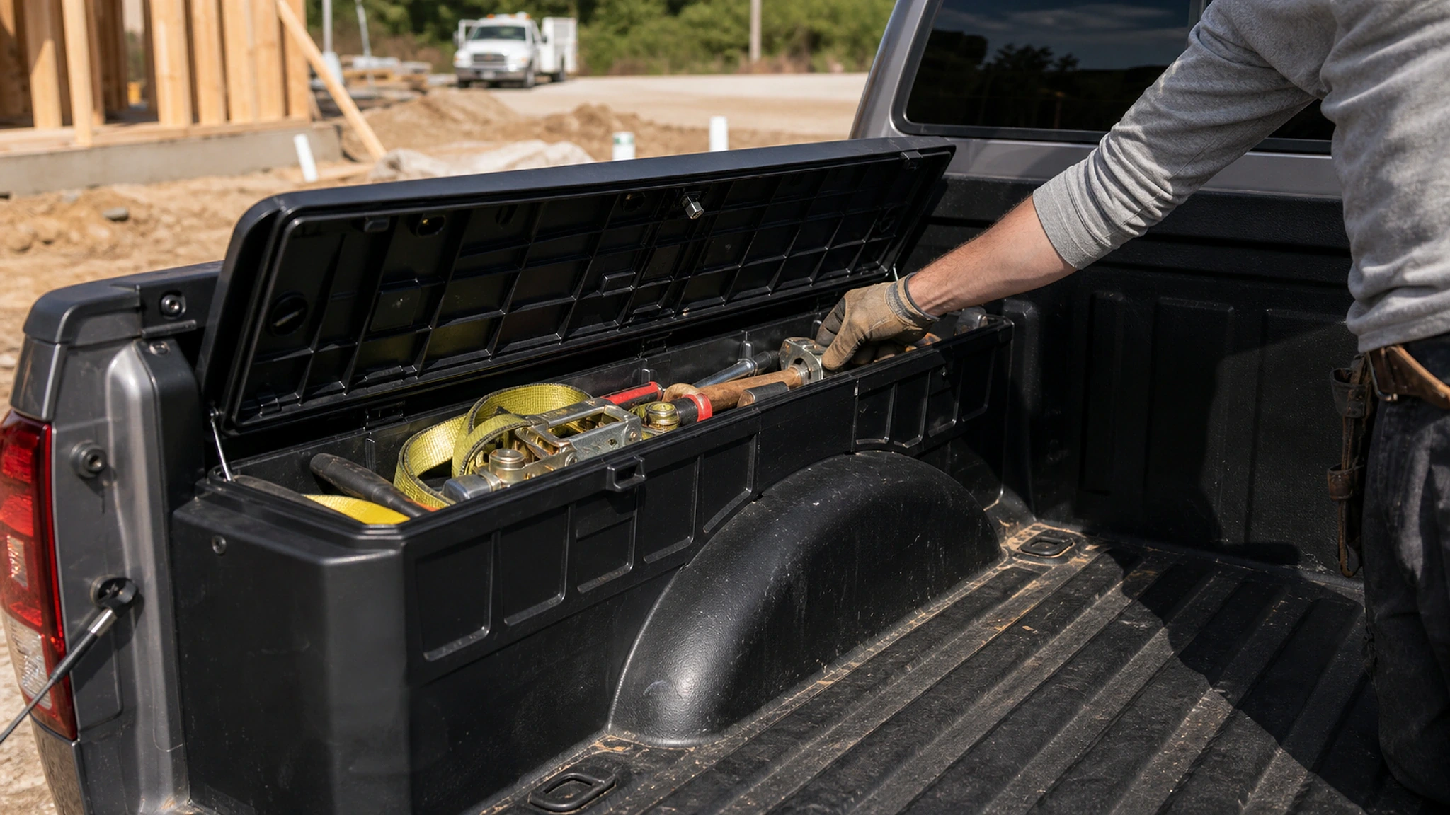 Wheel-well toolbox installed in a working pickup bed