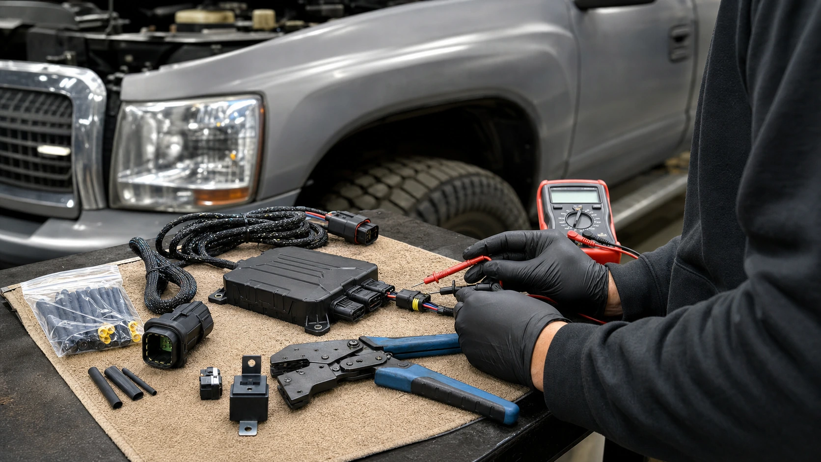 Mechanic routing LED wiring above a pickup wheel well