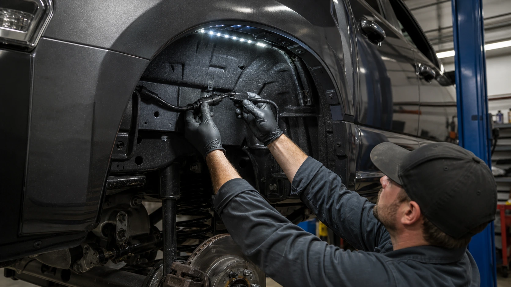 Mechanic inspecting protected wheel-well LED wiring