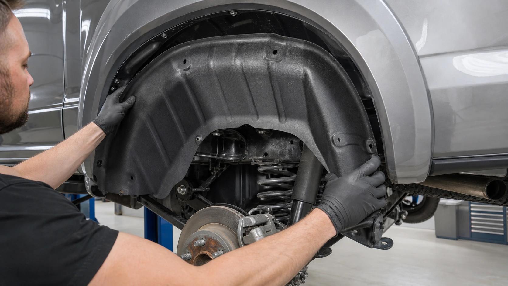 Vehicle-specific wheel-well liner aligned to factory holes