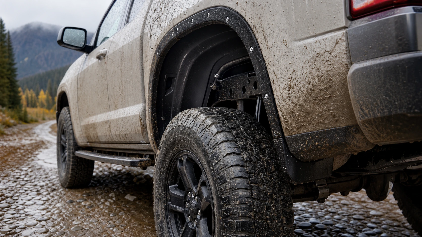 Pickup wheel well protected from mud by a fitted liner