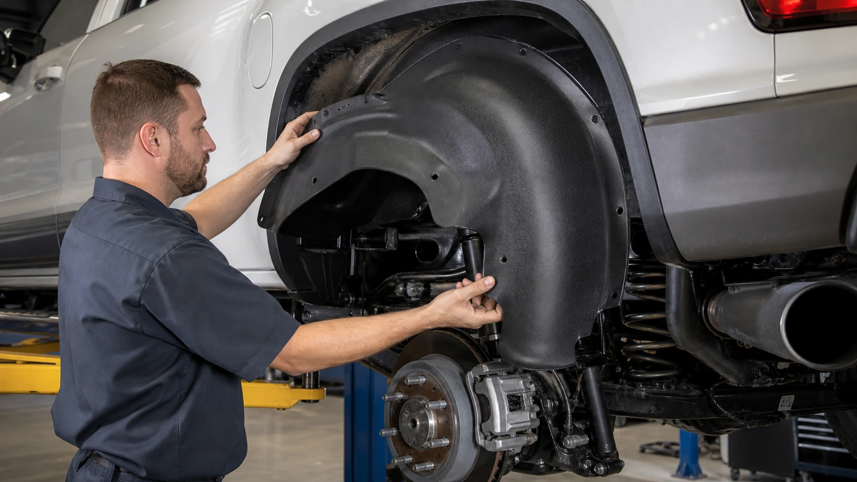 Mechanic aligning a molded pickup wheel-well liner