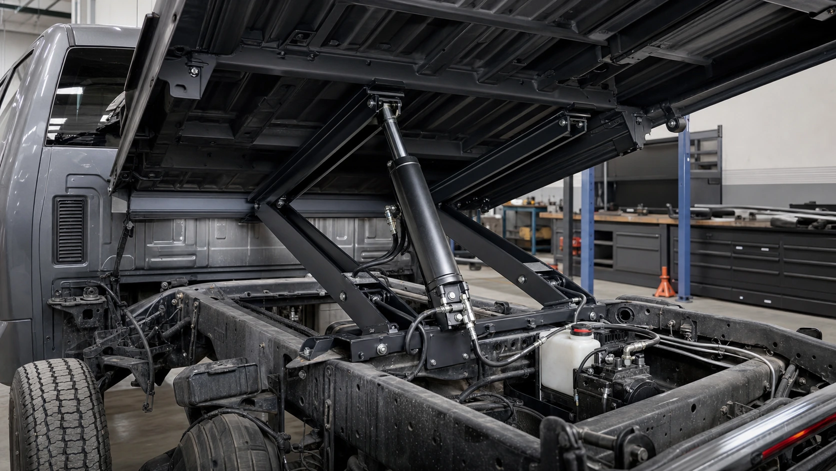 Hydraulic scissor-hoist, cylinder, pump, and hoses installed beneath a raised pickup bed