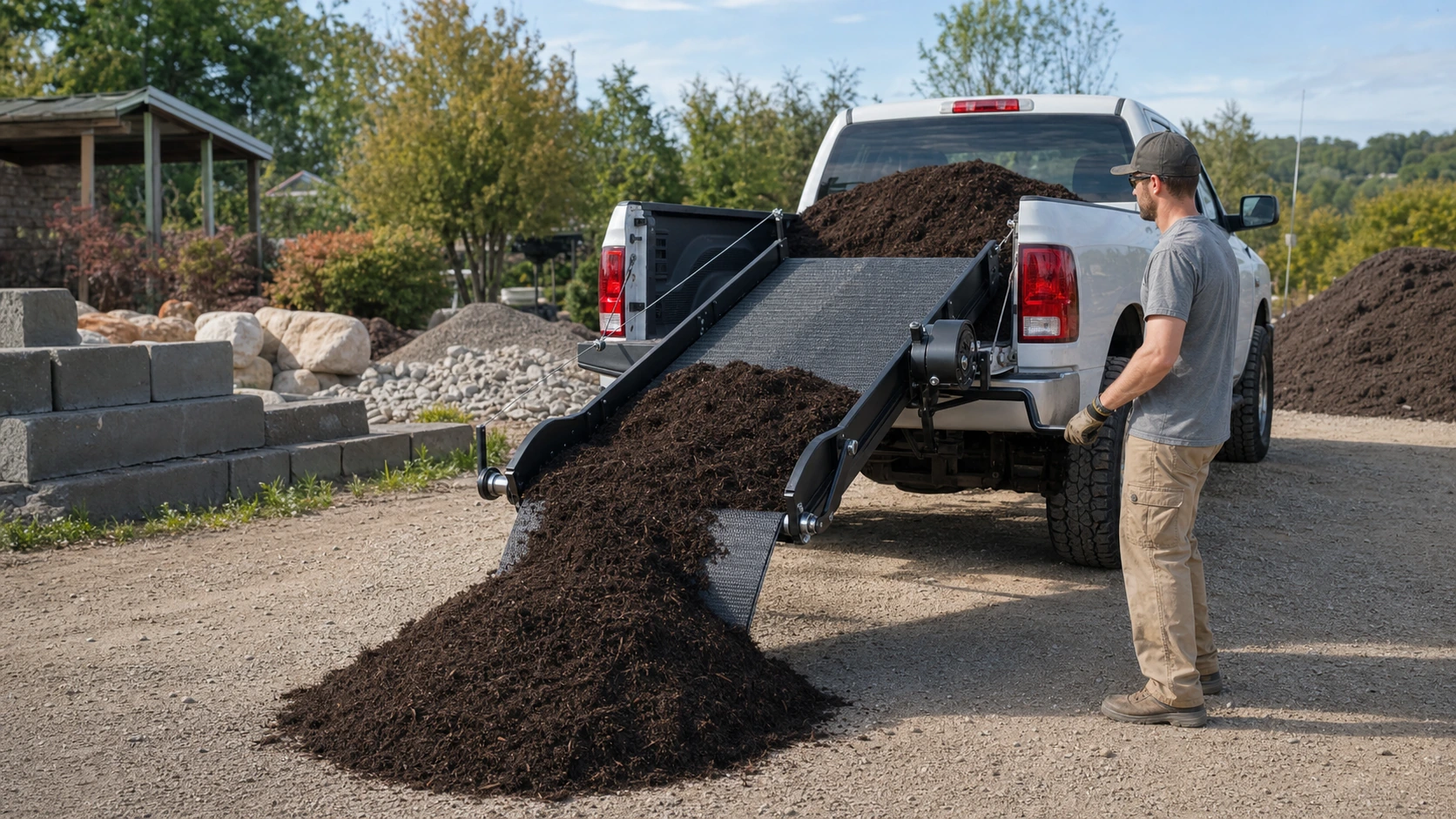 Manual truck-bed unloader moving mulch over an open pickup tailgate