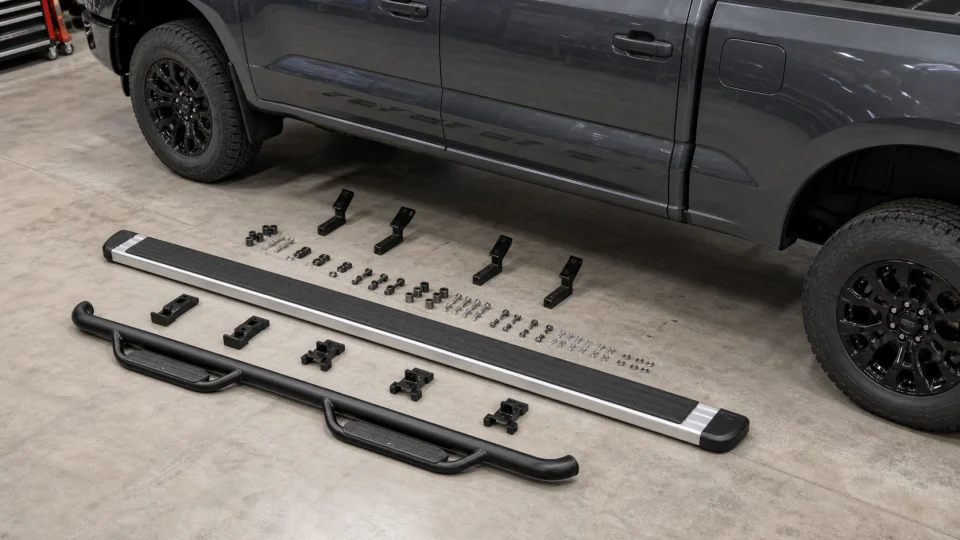 Wide running board and tubular nerf bar laid out with separate mounting hardware