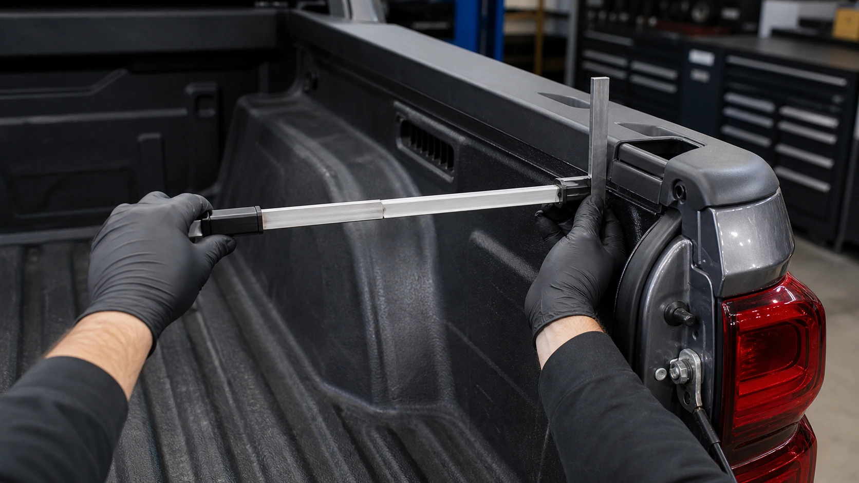Technician checking pickup bed-rail geometry with an unmarked telescoping gauge