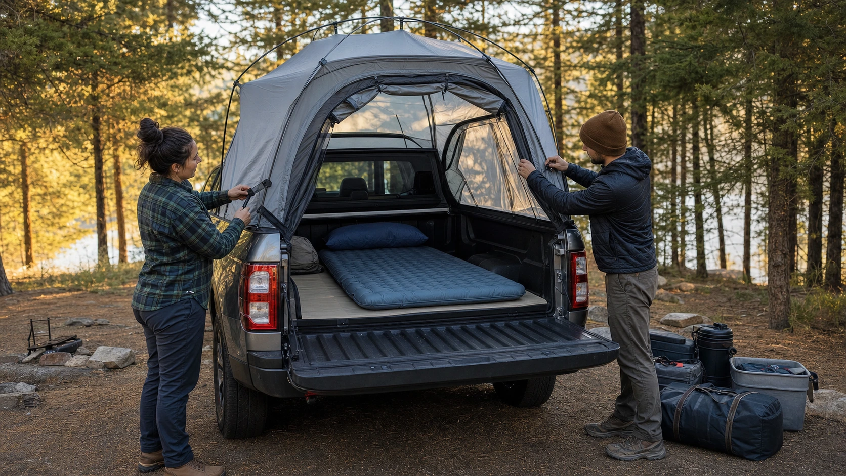Truck-bed tent secured at a campsite before sunset