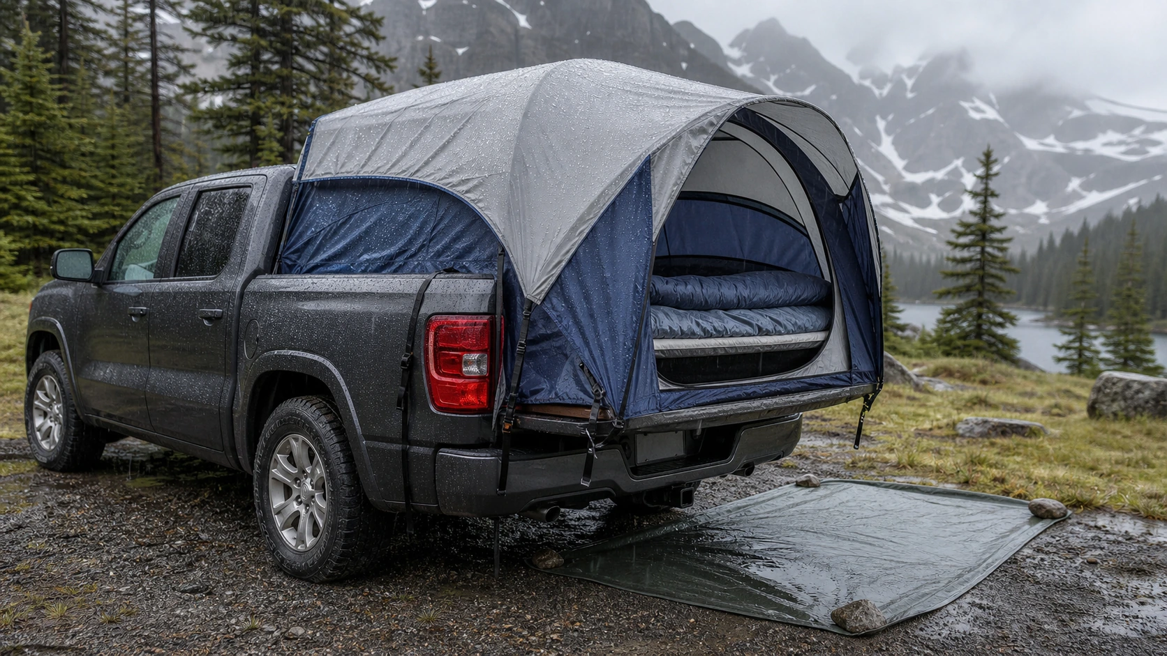 Weatherproof truck-bed camping setup with ventilation