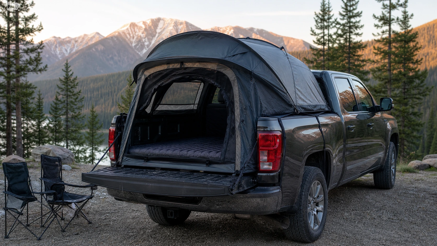 Truck-bed tent fitted to a full-size pickup at a campsite