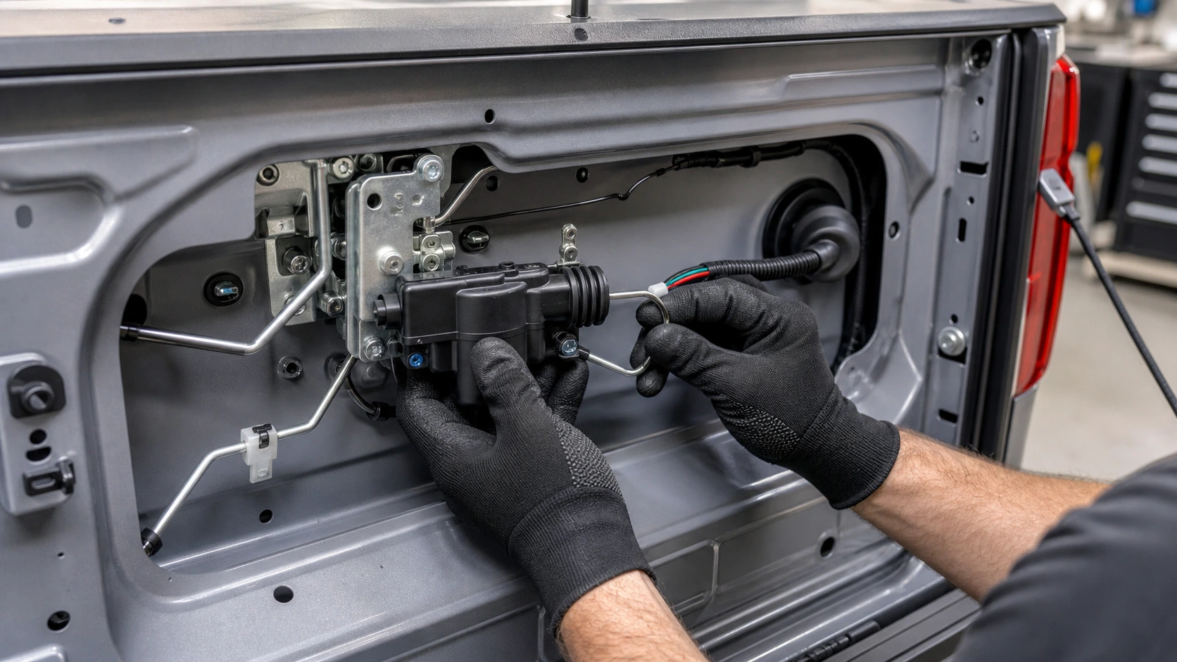 Pickup tailgate lock linkage checked behind the handle