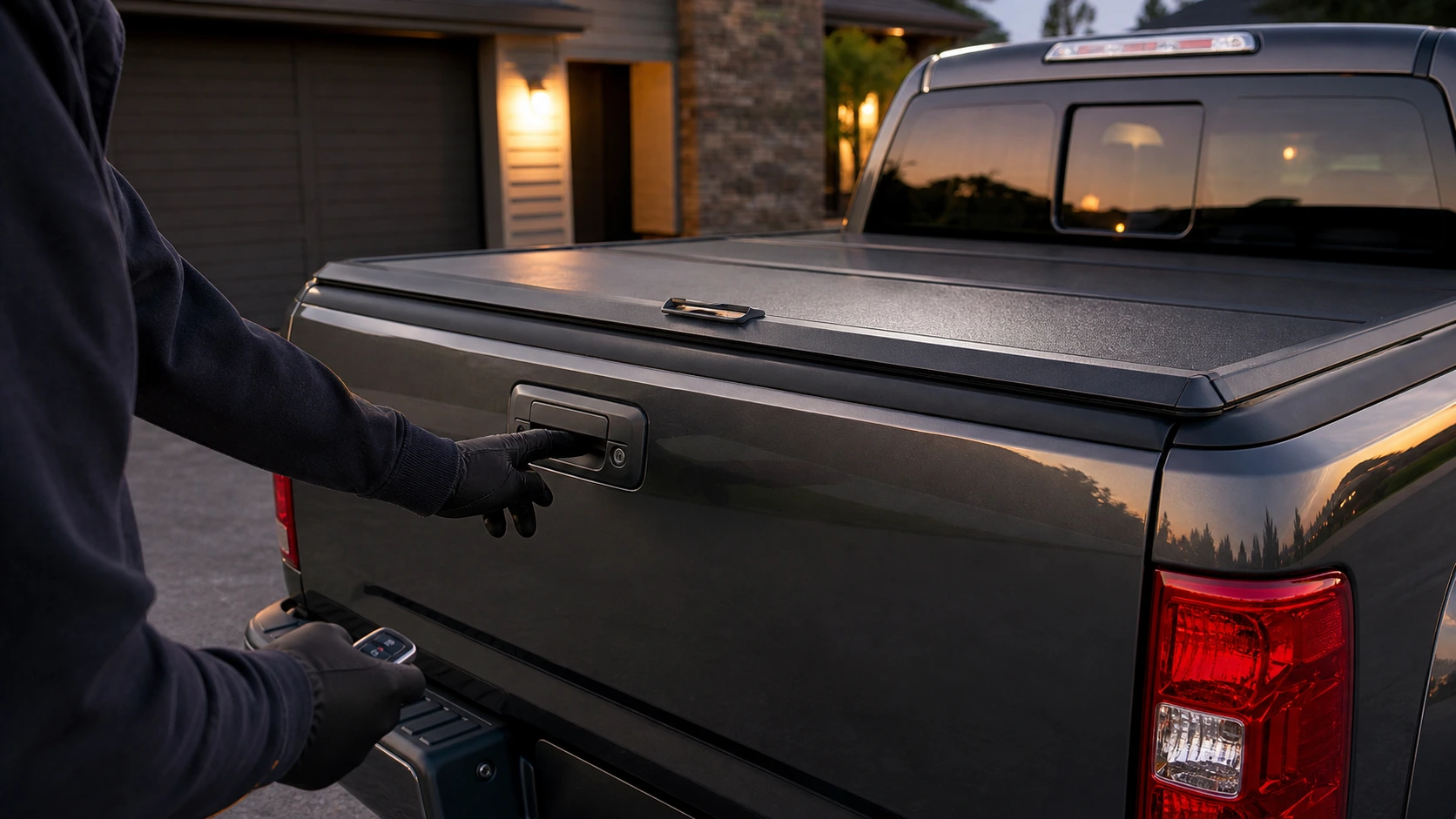 Powered tailgate lock wiring protected inside a pickup bed