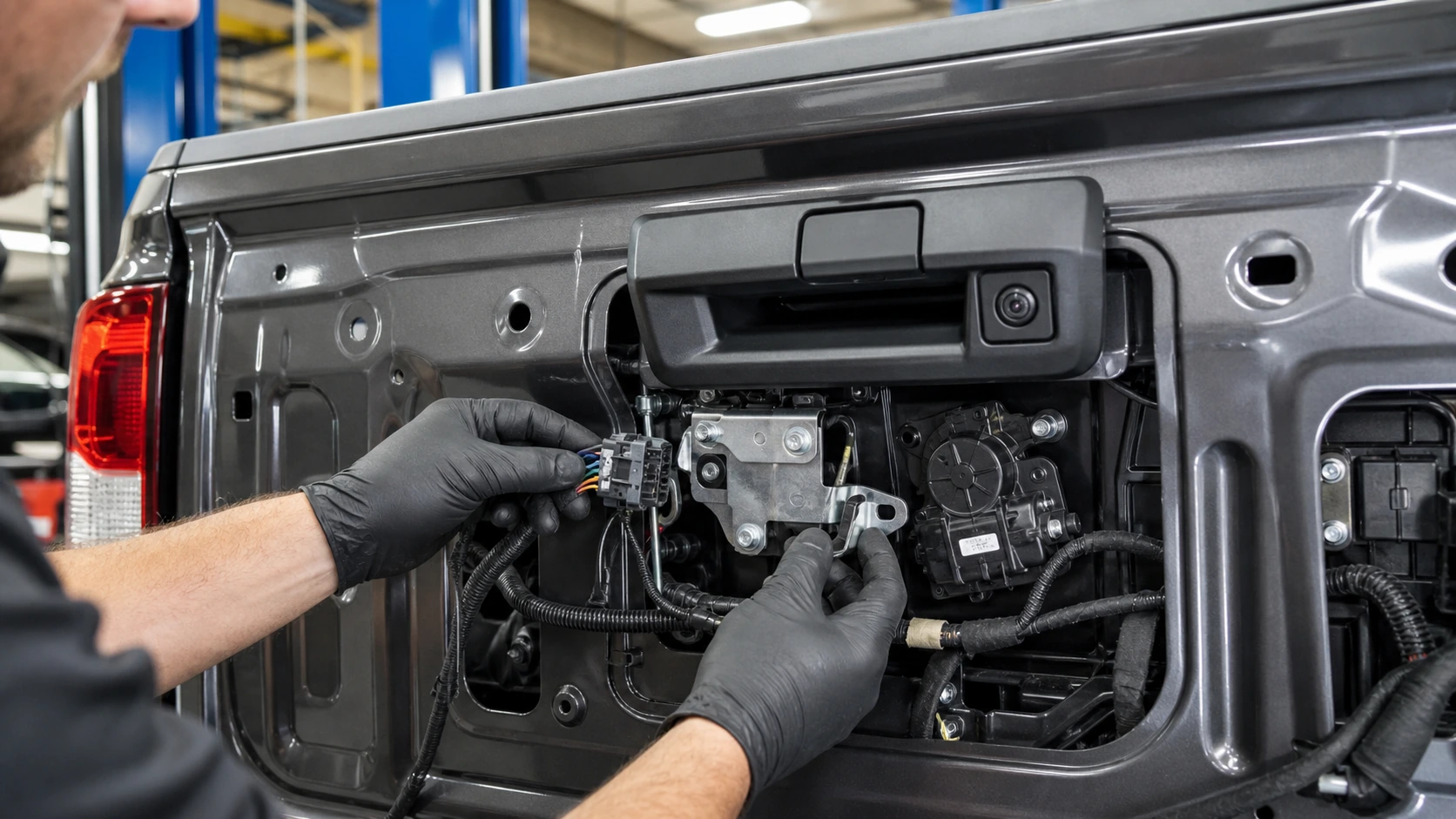 Mechanic inspecting a pickup tailgate lock actuator