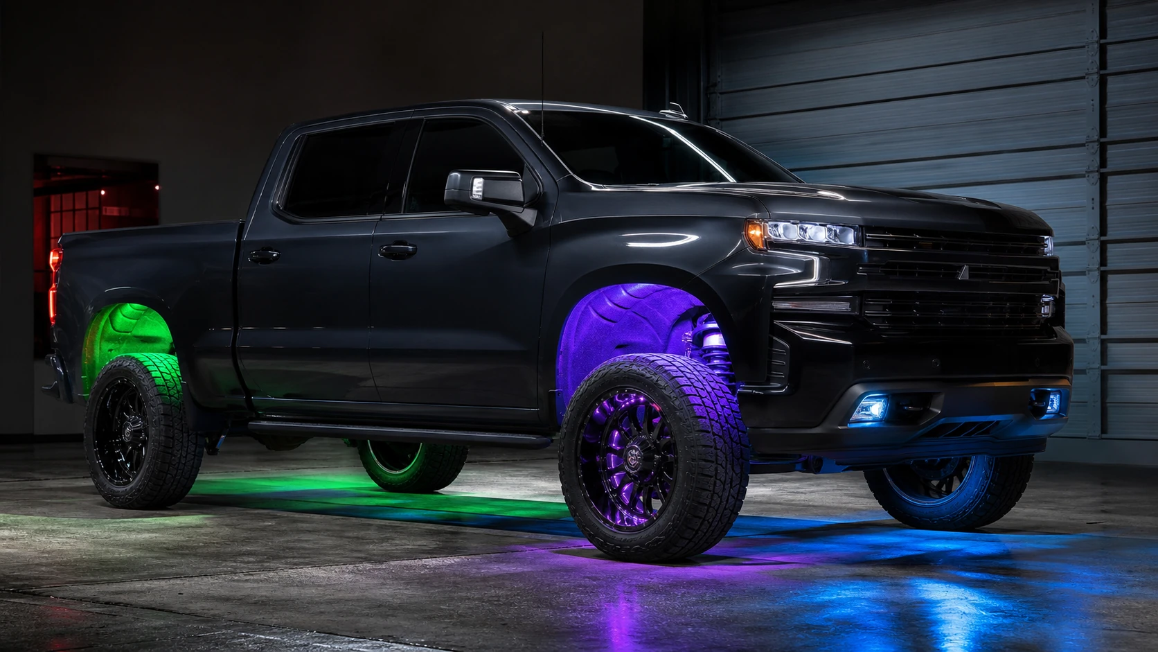 Pickup truck with professionally installed wheel-well LED lights