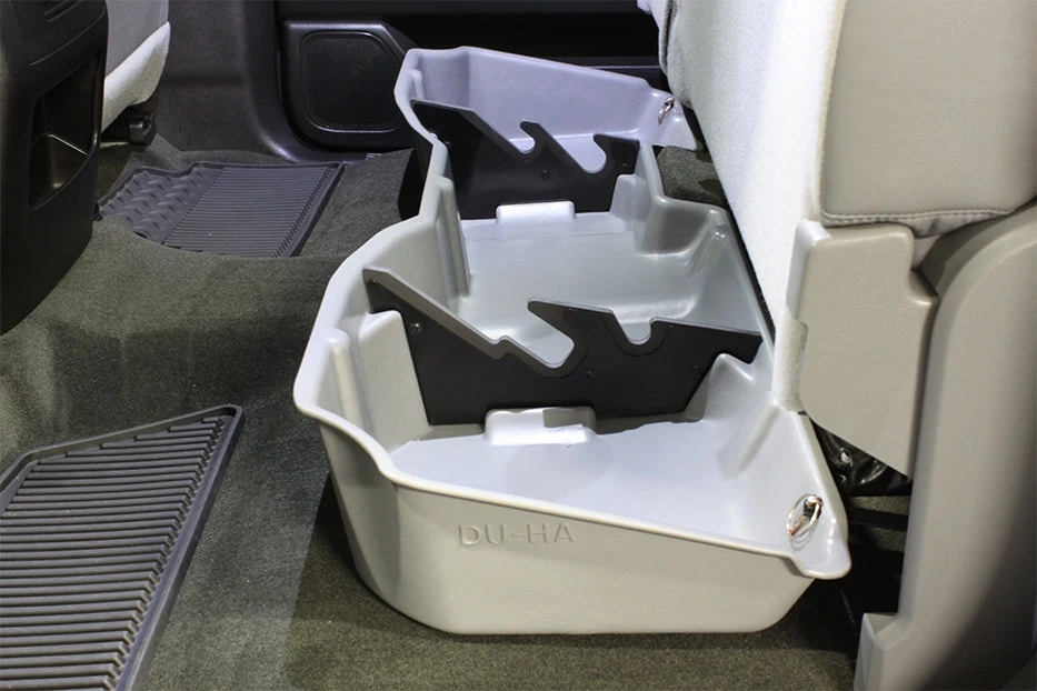 DU-HA under-seat storage system installed below a pickup rear bench