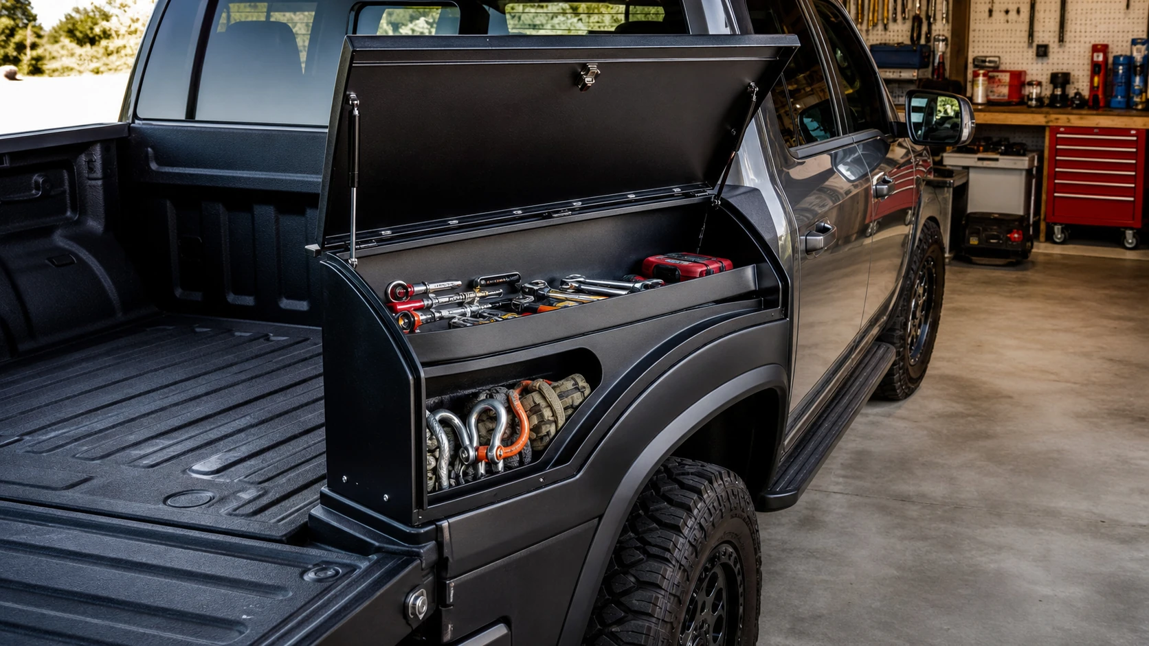 Wheel-well toolbox installed in a pickup bed