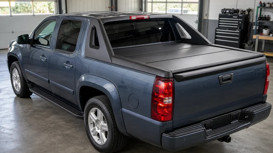 Avalanche-style truck with a closed hard-folding tonneau cover