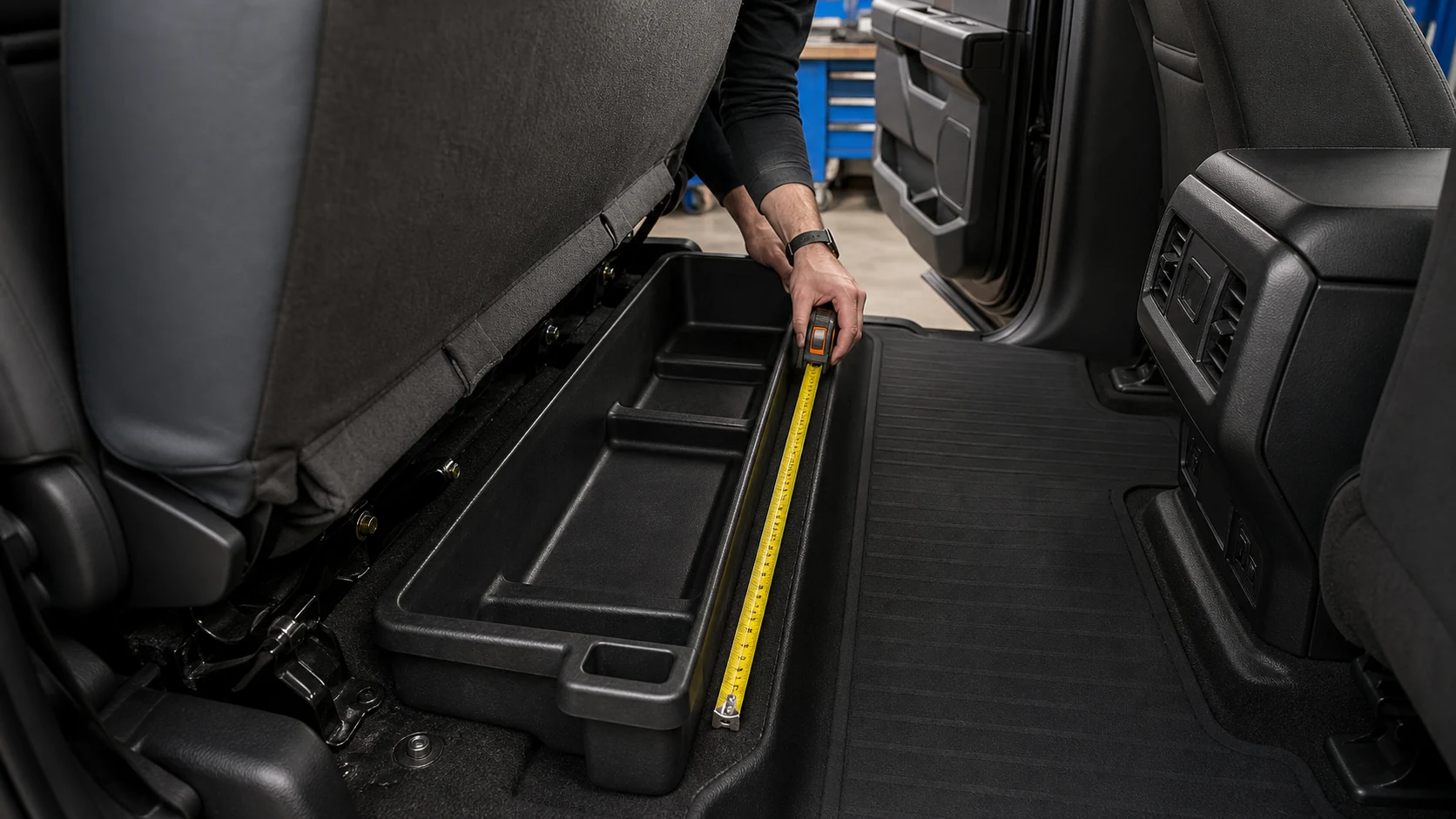 Technician measuring a molded pickup under-seat storage bin below a raised rear bench