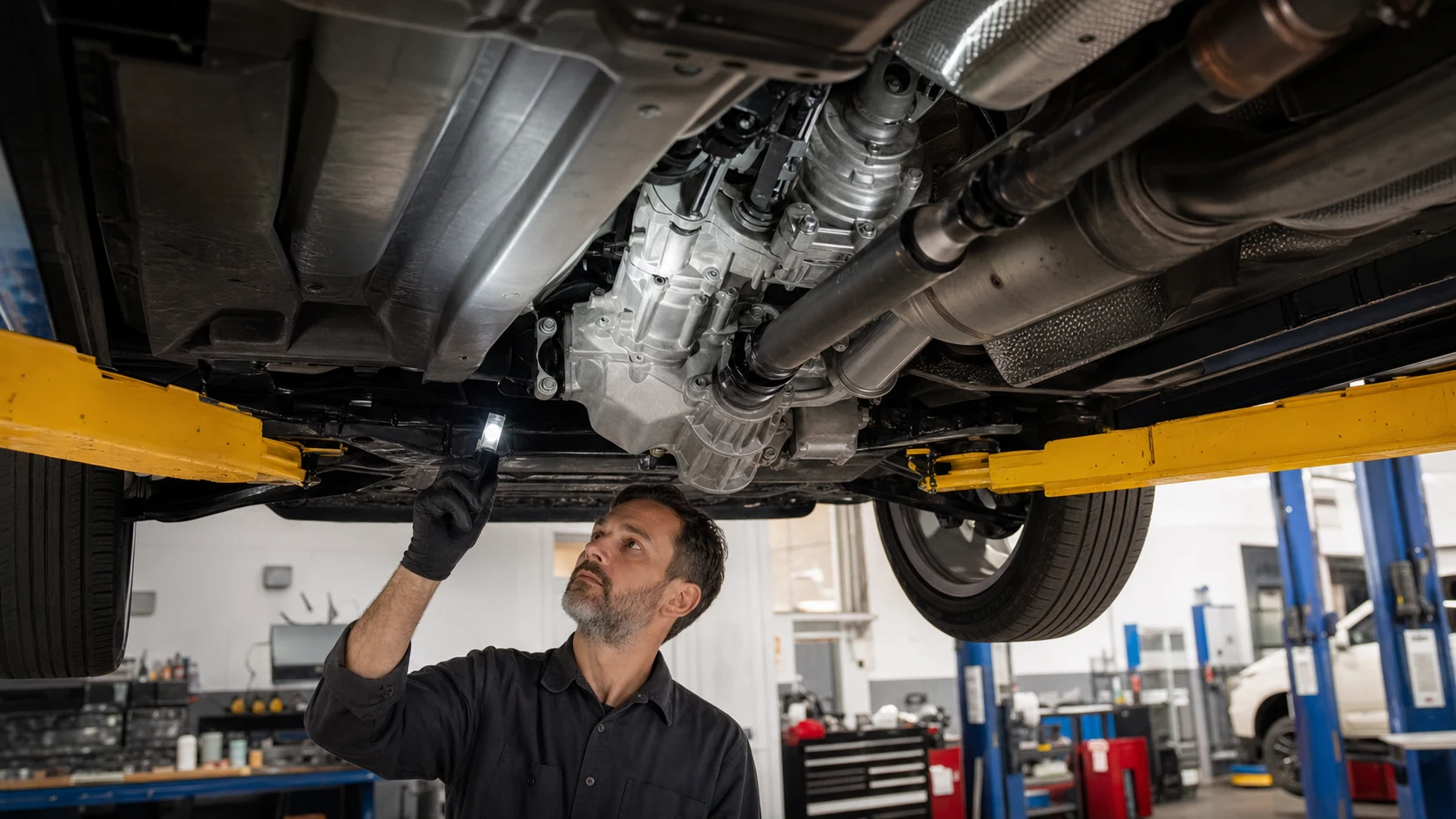 Technician inspecting an all-wheel-drive transfer case and driveline on a vehicle lift