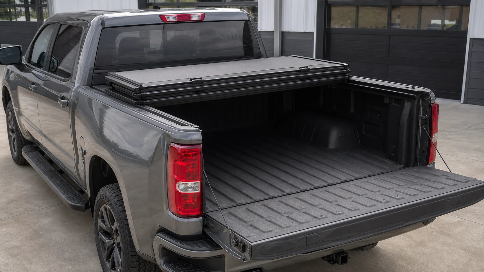 Hard-folding pickup tonneau cover stacked near the cab above an open bed