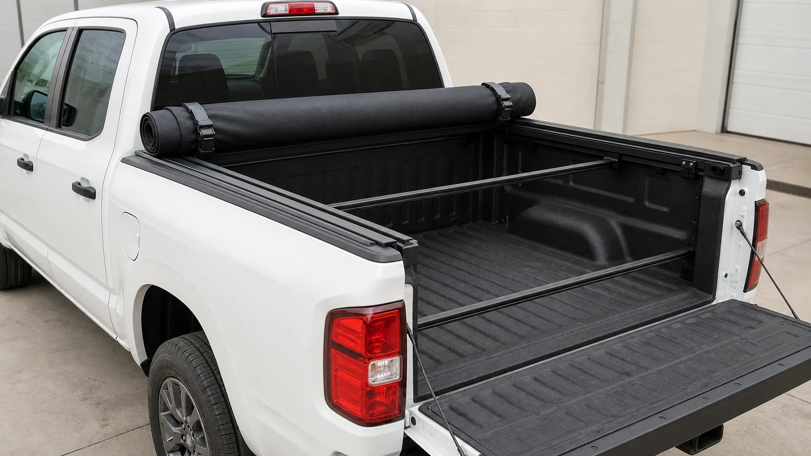 Soft roll-up tonneau cover secured behind the pickup cab with the bed open