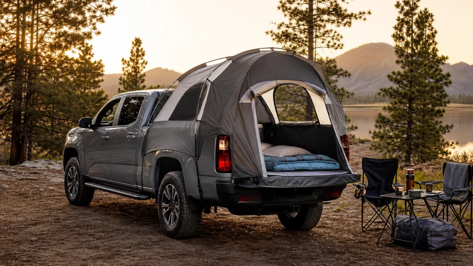 Chevrolet Avalanche truck-bed tent at a lakeside campsite