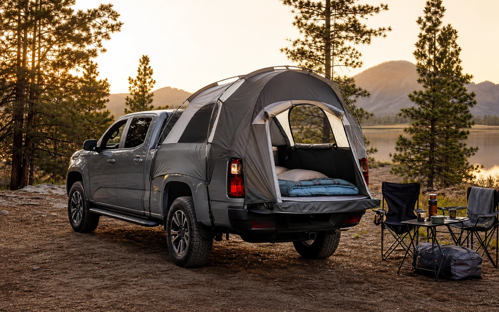 Chevrolet Avalanche truck-bed tent at a lakeside campsite