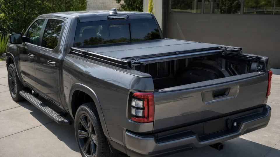 Hard-folding tonneau cover fitted to a full-size pickup