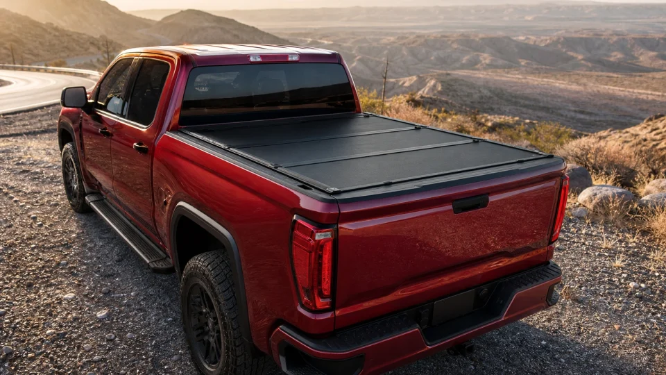 Hard-folding tonneau cover on a Chevrolet Silverado-style pickup