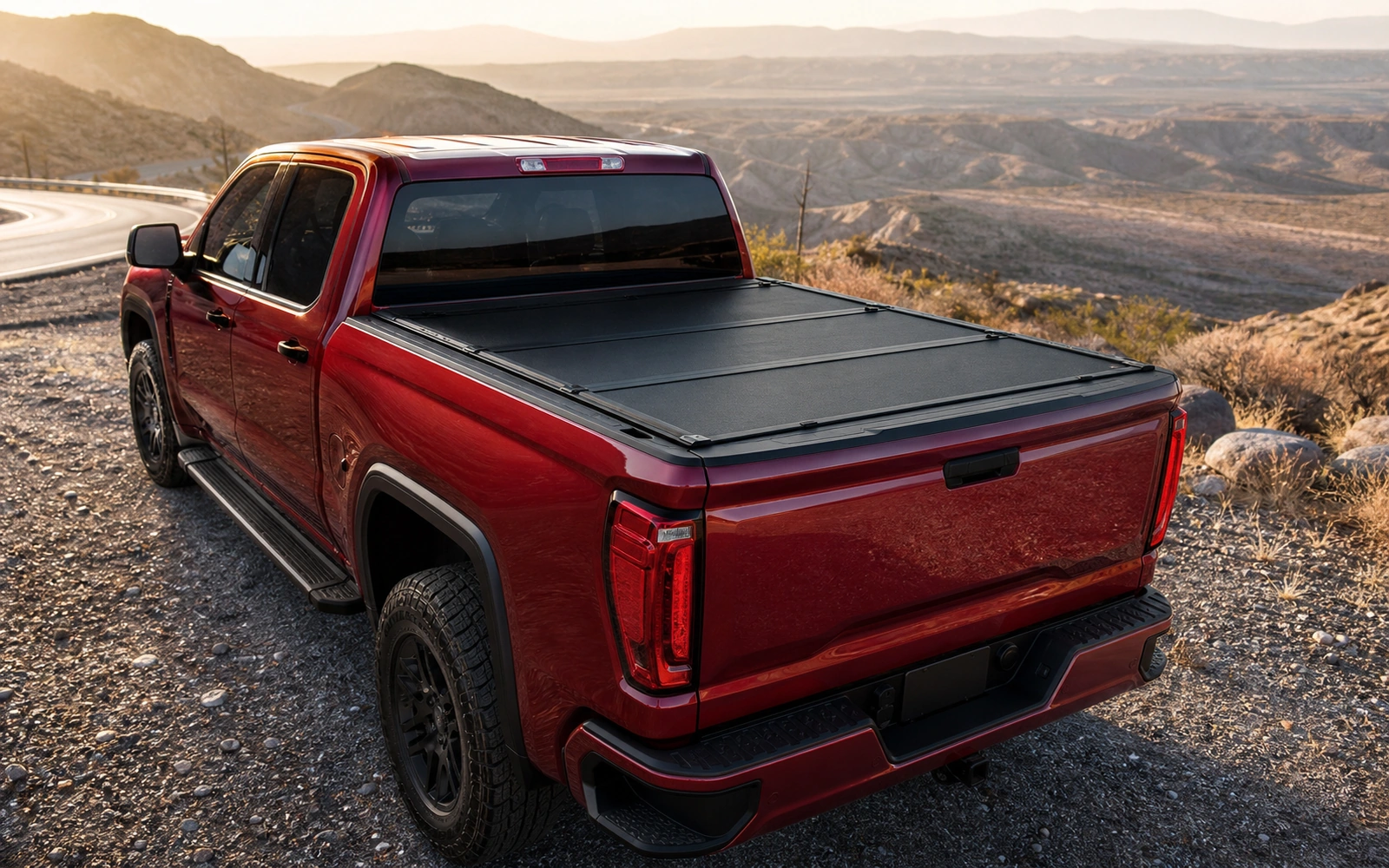 Hard-folding tonneau cover on a Chevrolet Silverado-style pickup