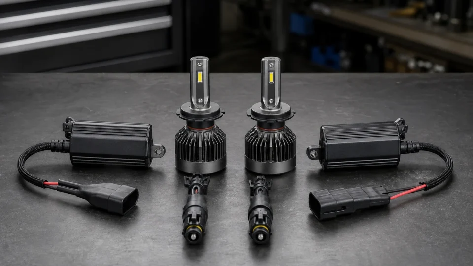 Pair of LED headlight bulbs with external driver modules