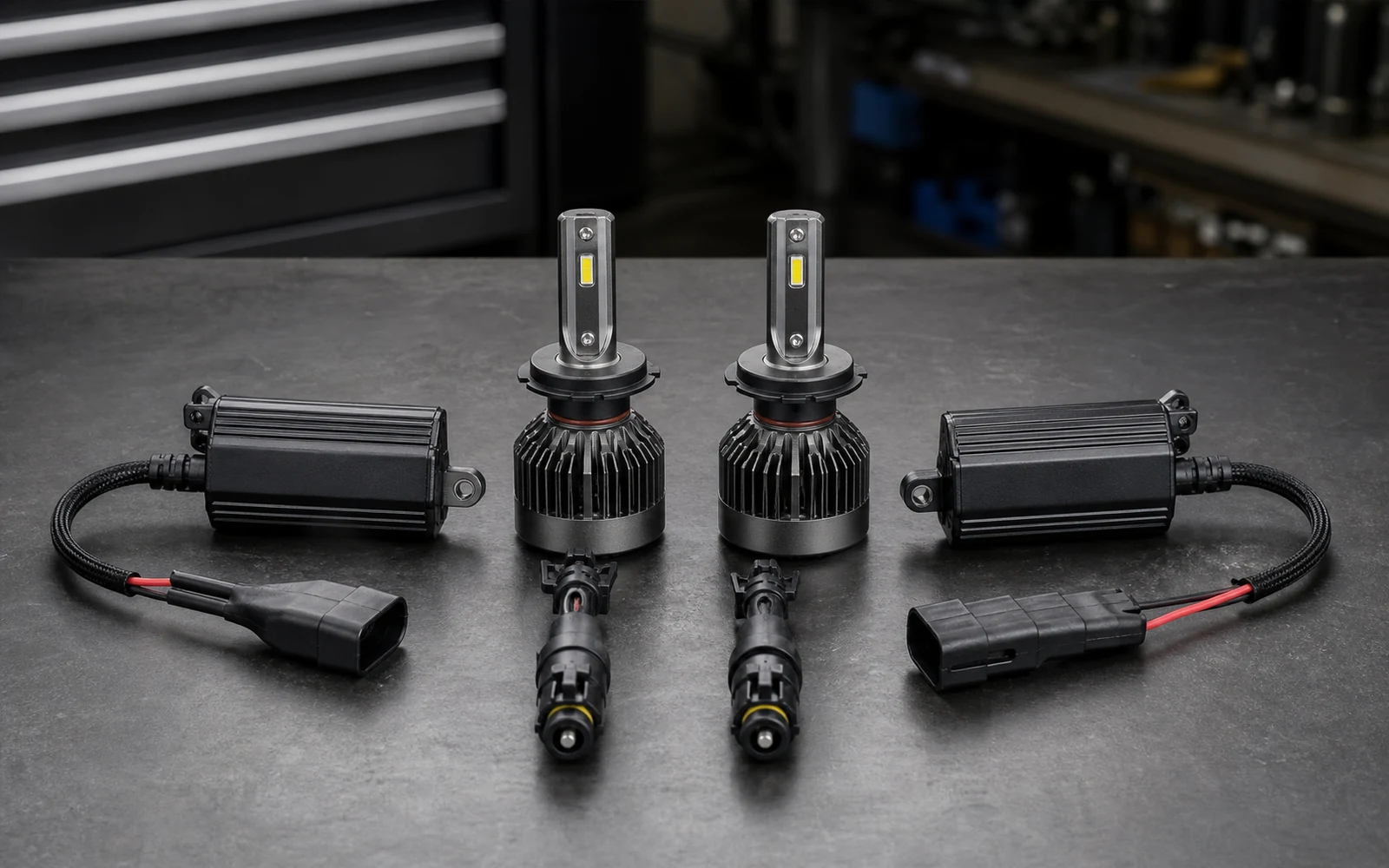Pair of LED headlight bulbs with external driver modules