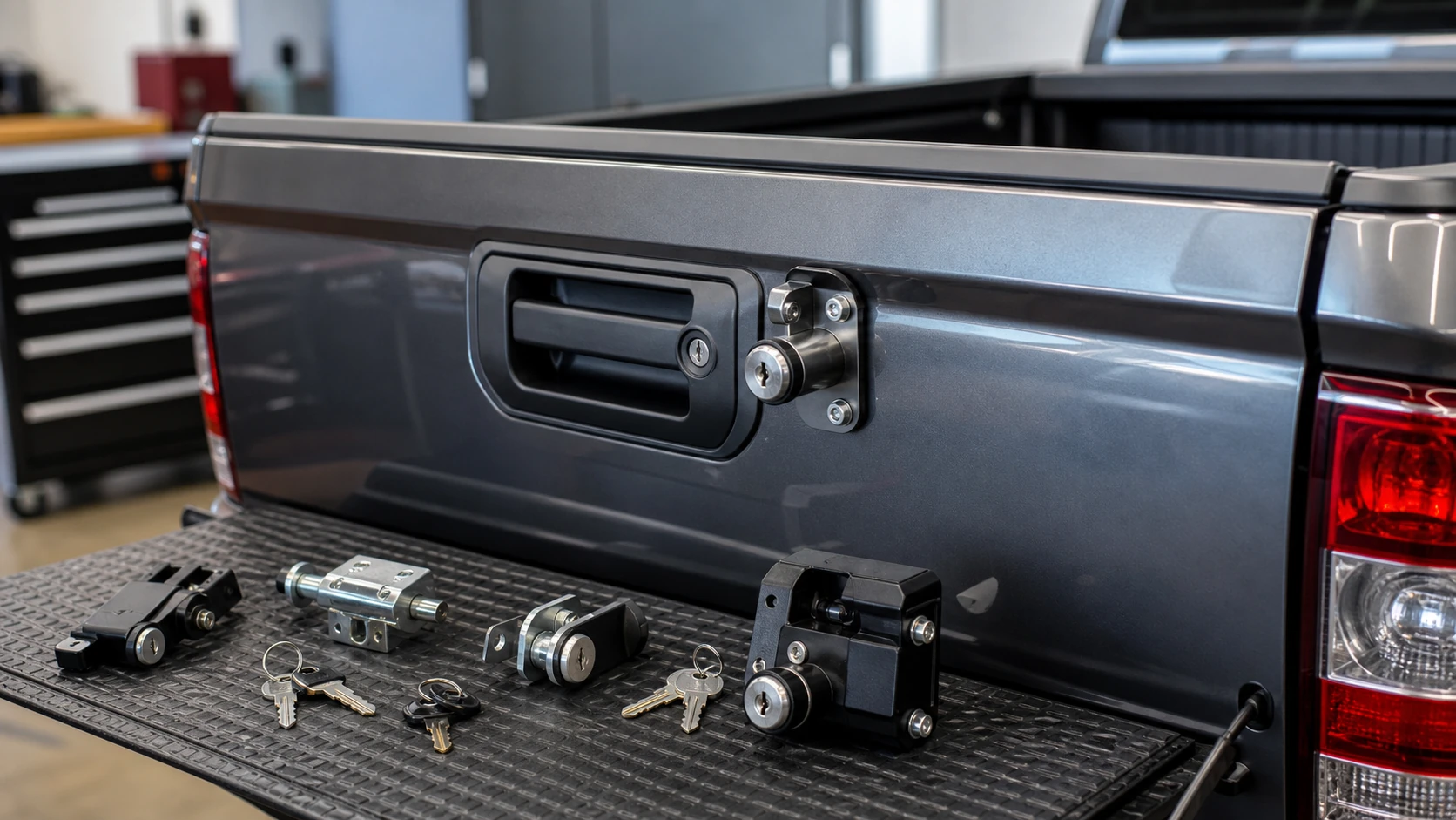 Pickup tailgate lock mechanisms and mounting hardware