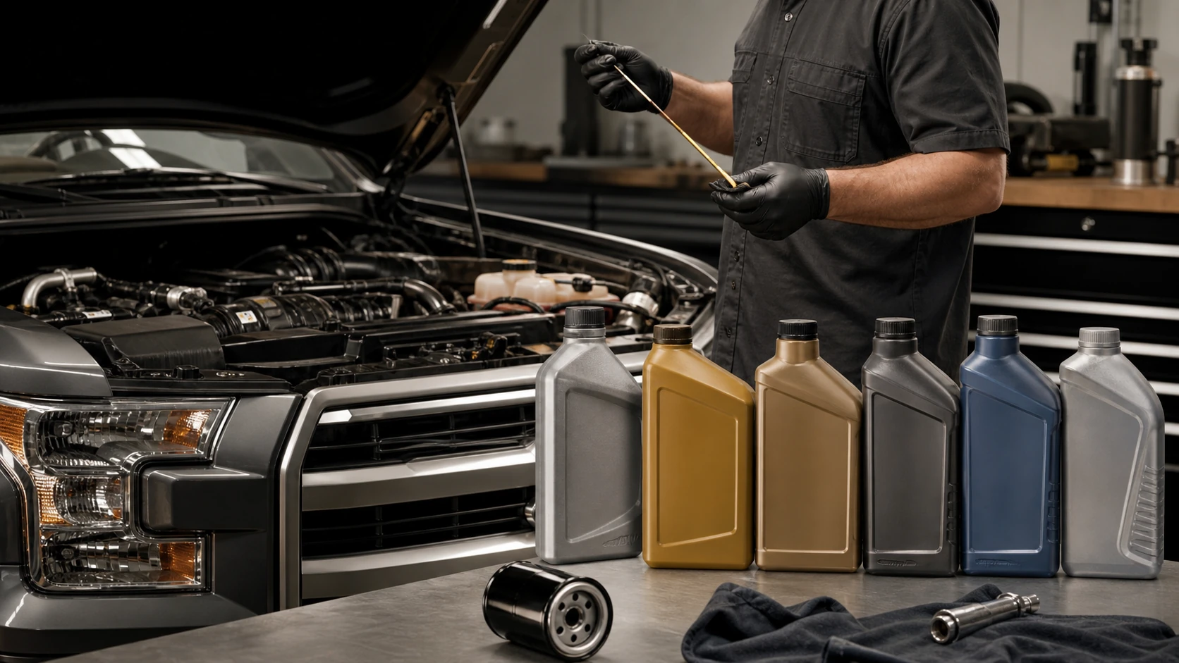 Engine oil comparison and dipstick check for a Ford F-150