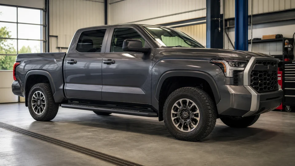 Full-size pickup with cab-length running boards shown from the side