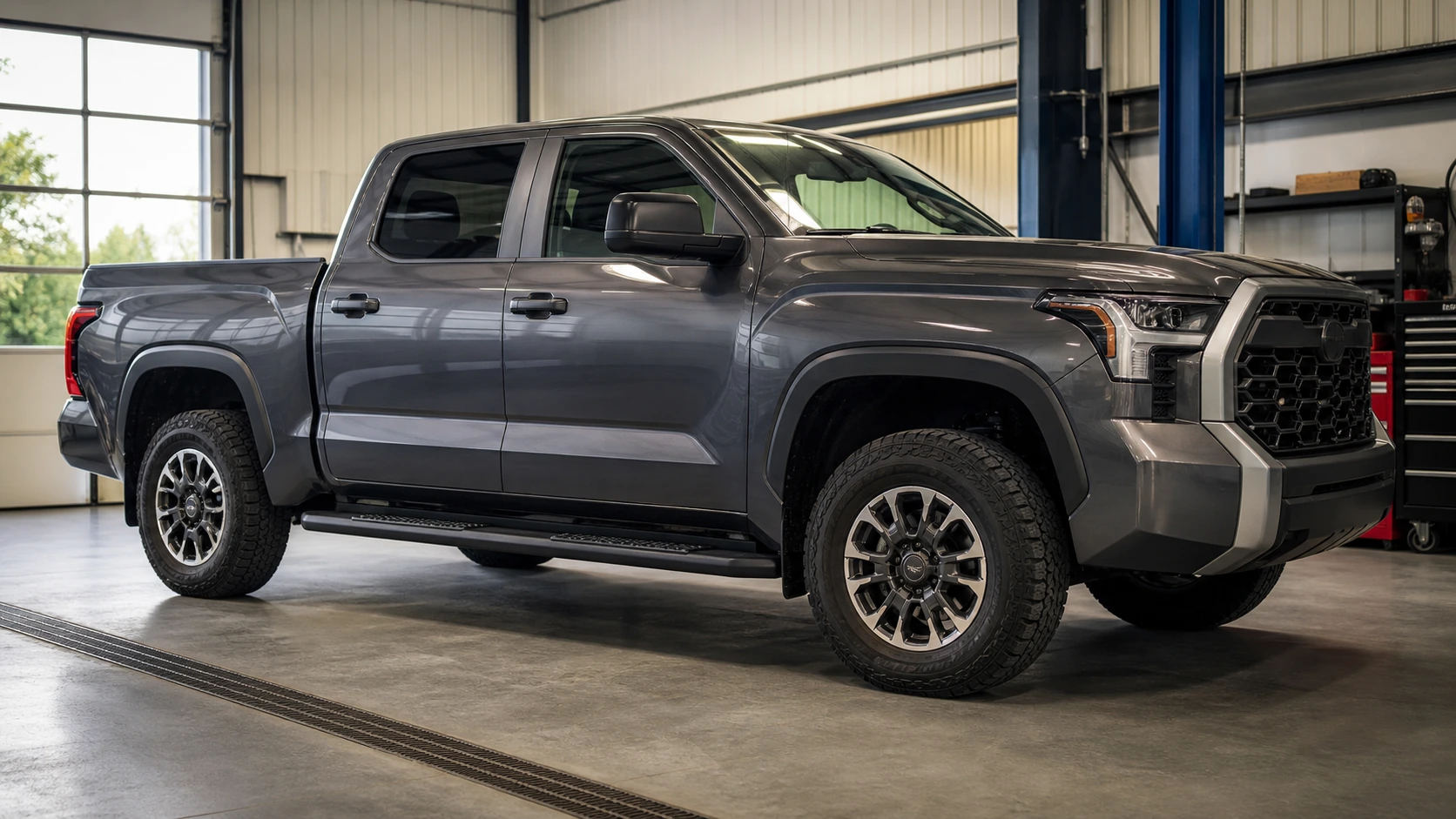 Full-size pickup with cab-length running boards shown from the side