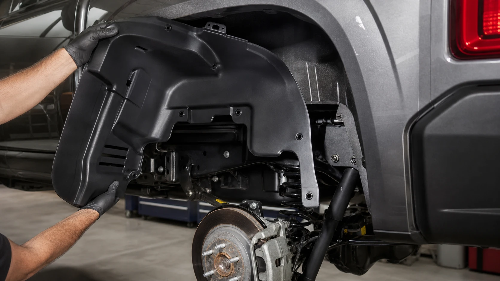 Molded pickup wheel-well liner positioned for installation