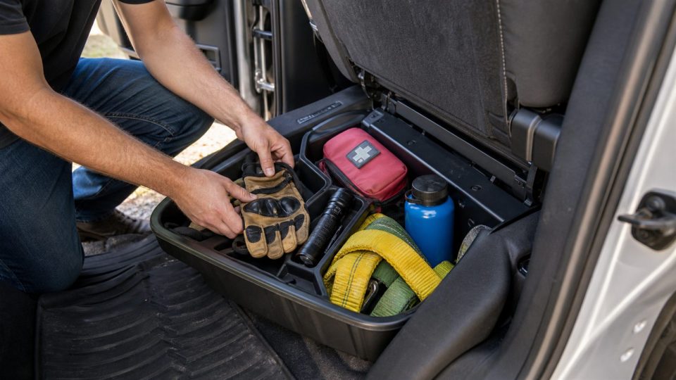 Open pickup truck cab with storage bins and travel gear being sorted after a road trip