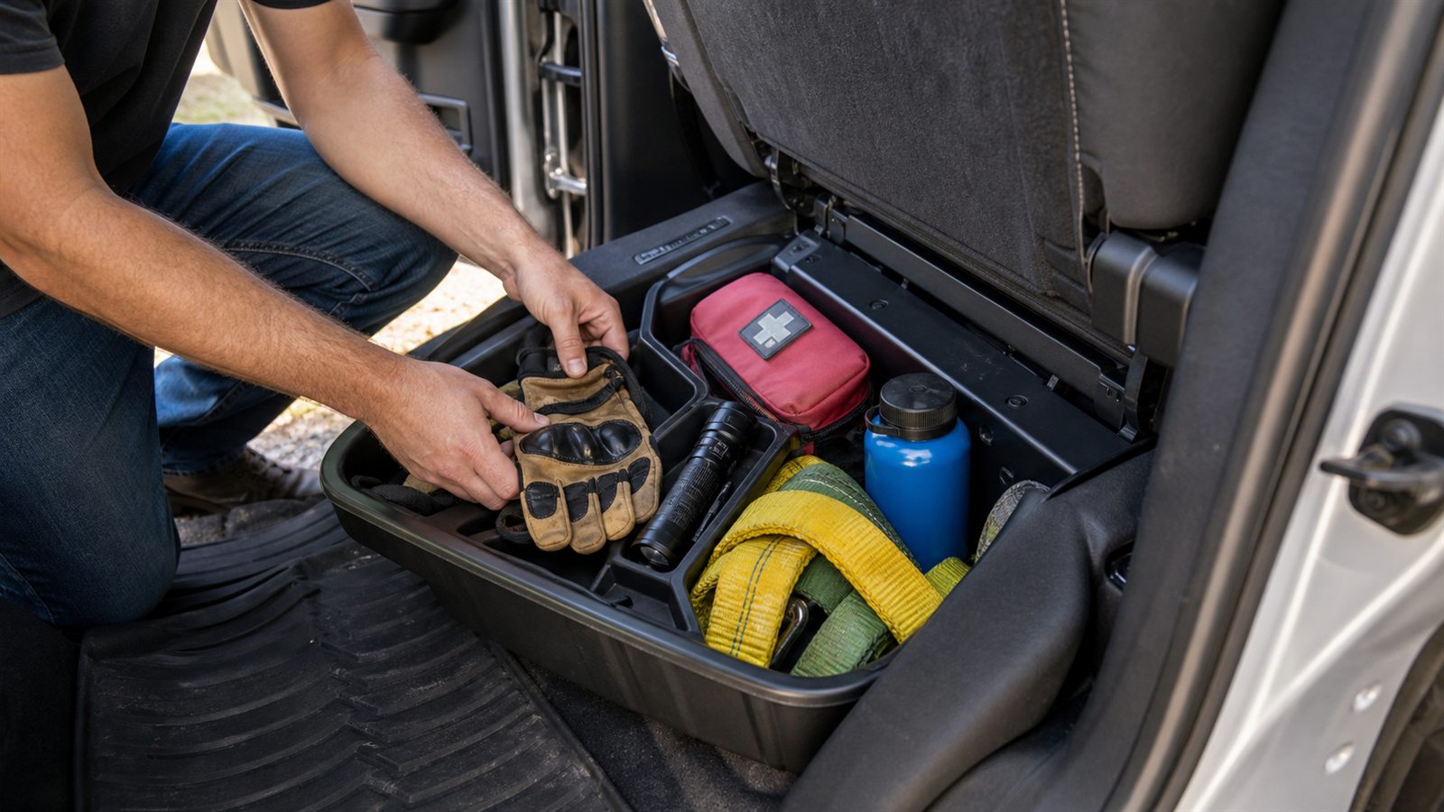 Open pickup truck cab with storage bins and travel gear being sorted after a road trip