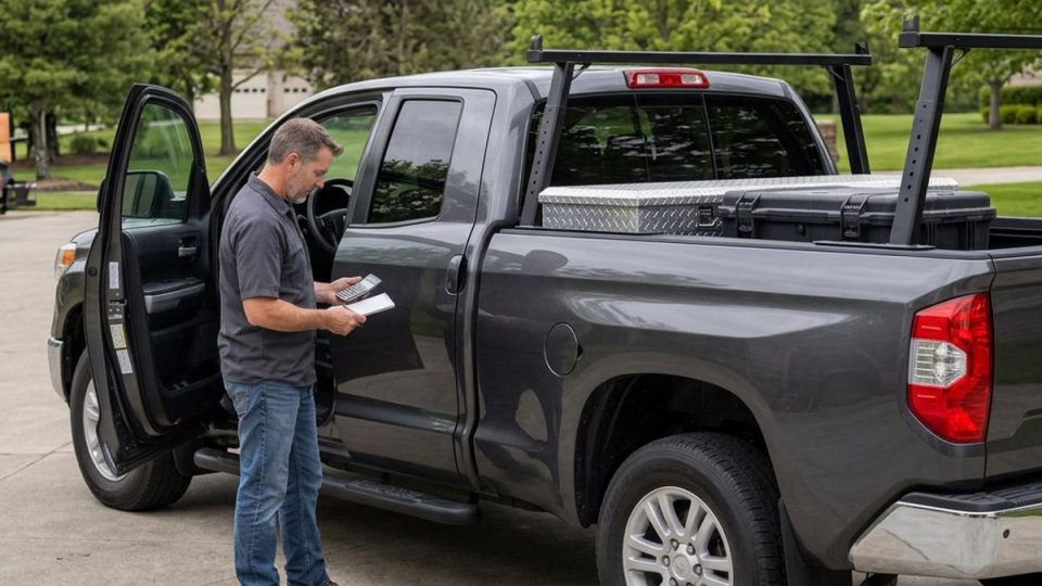 Pickup owner reading the door-jamb payload label beside a bed rack and toolbox