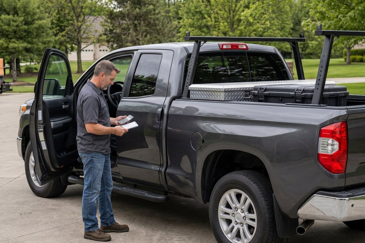 Pickup owner reading the door-jamb payload label beside a bed rack and toolbox