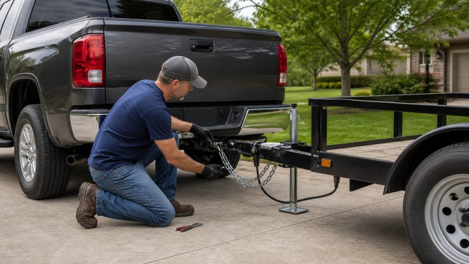 Pickup owner checking the hitch, safety chains and trailer connector before towing