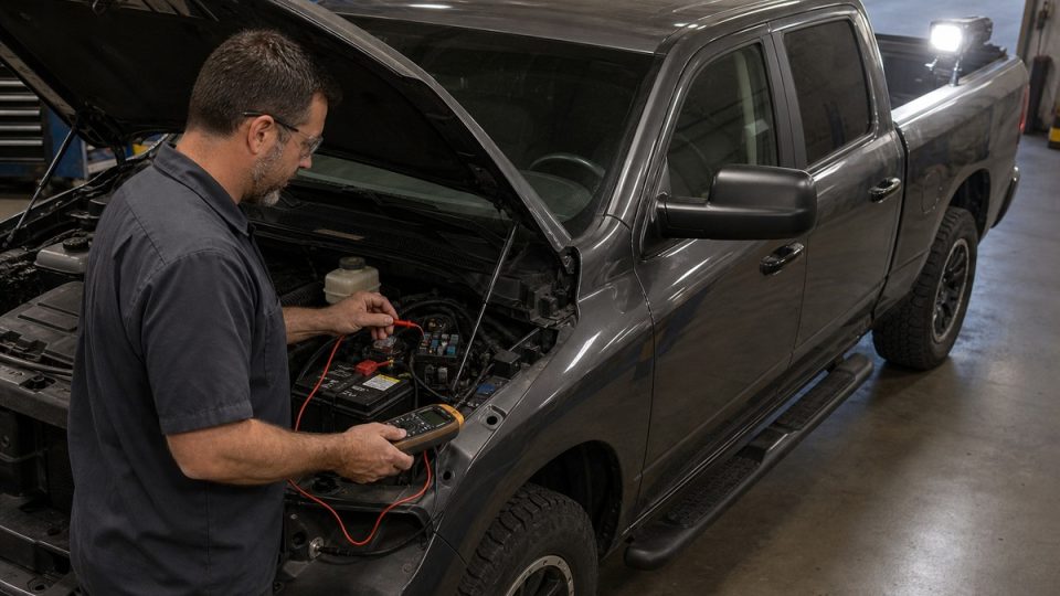 Technician measuring voltage drop on a fused truck accessory circuit while a bed work light stays on