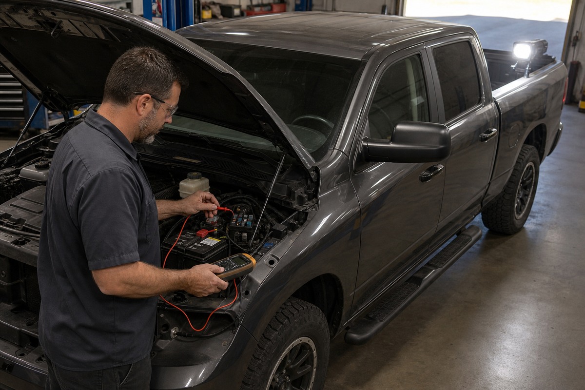 Technician measuring voltage drop on a fused truck accessory circuit while a bed work light stays on